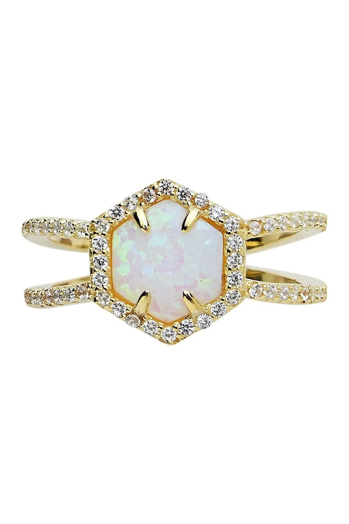 14K Gold Plated Sterling Silver Created Opal Gemstone Double Row Band Ring