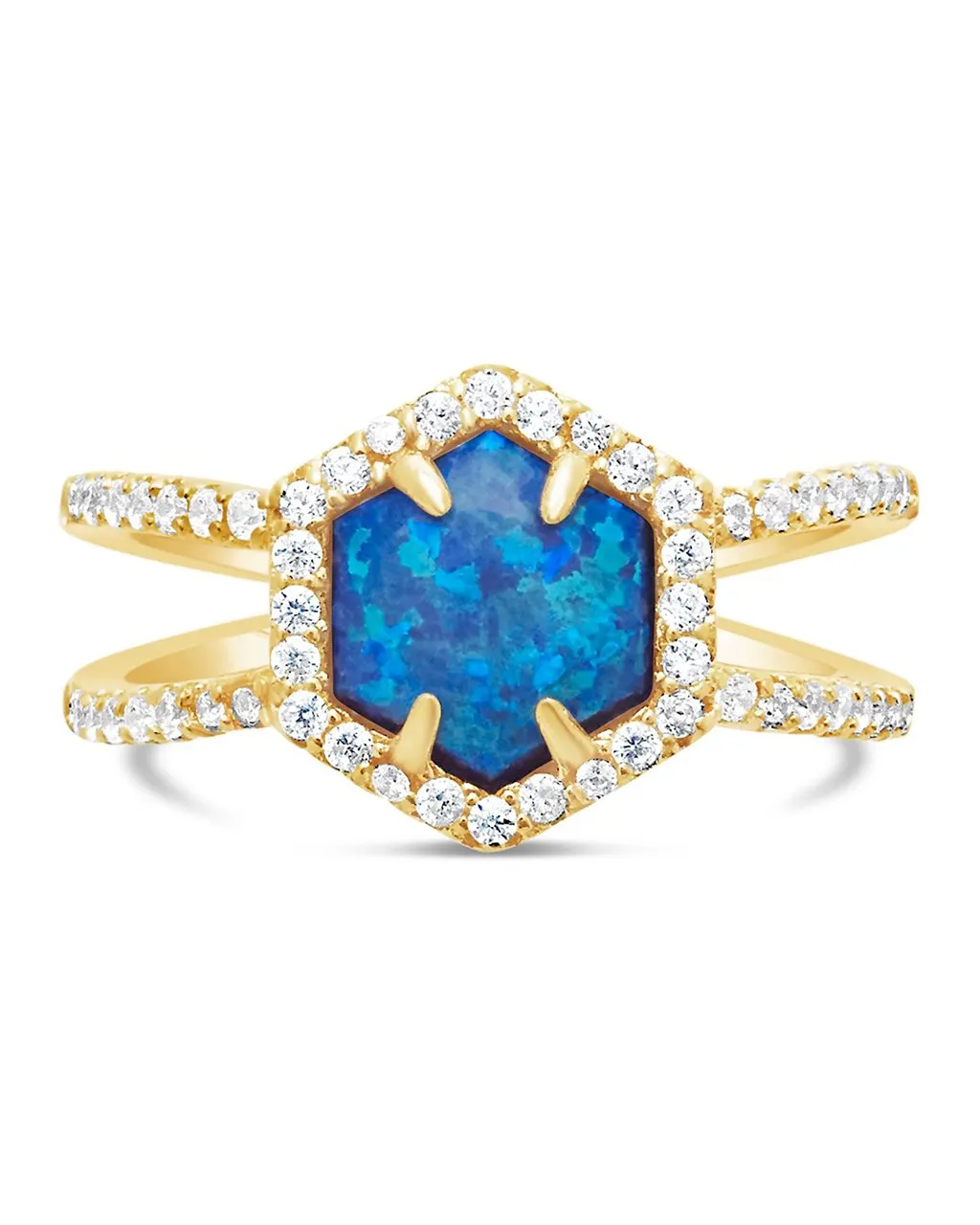 14K Gold Plated Sterling Silver Created Opal Gemstone Double Row Band Ring
