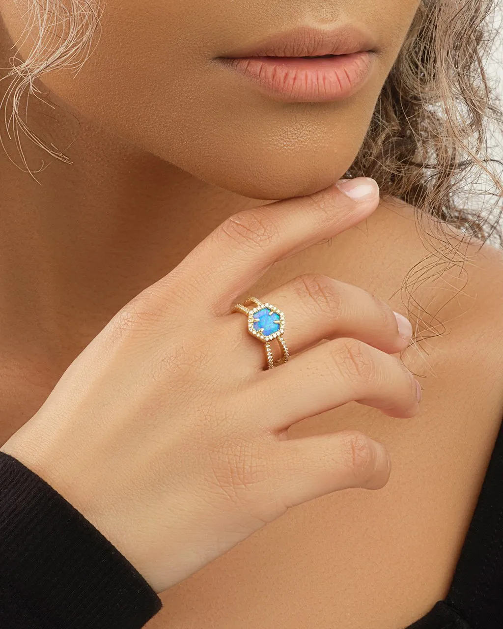 14K Gold Plated Sterling Silver Created Opal Gemstone Double Row Band Ring