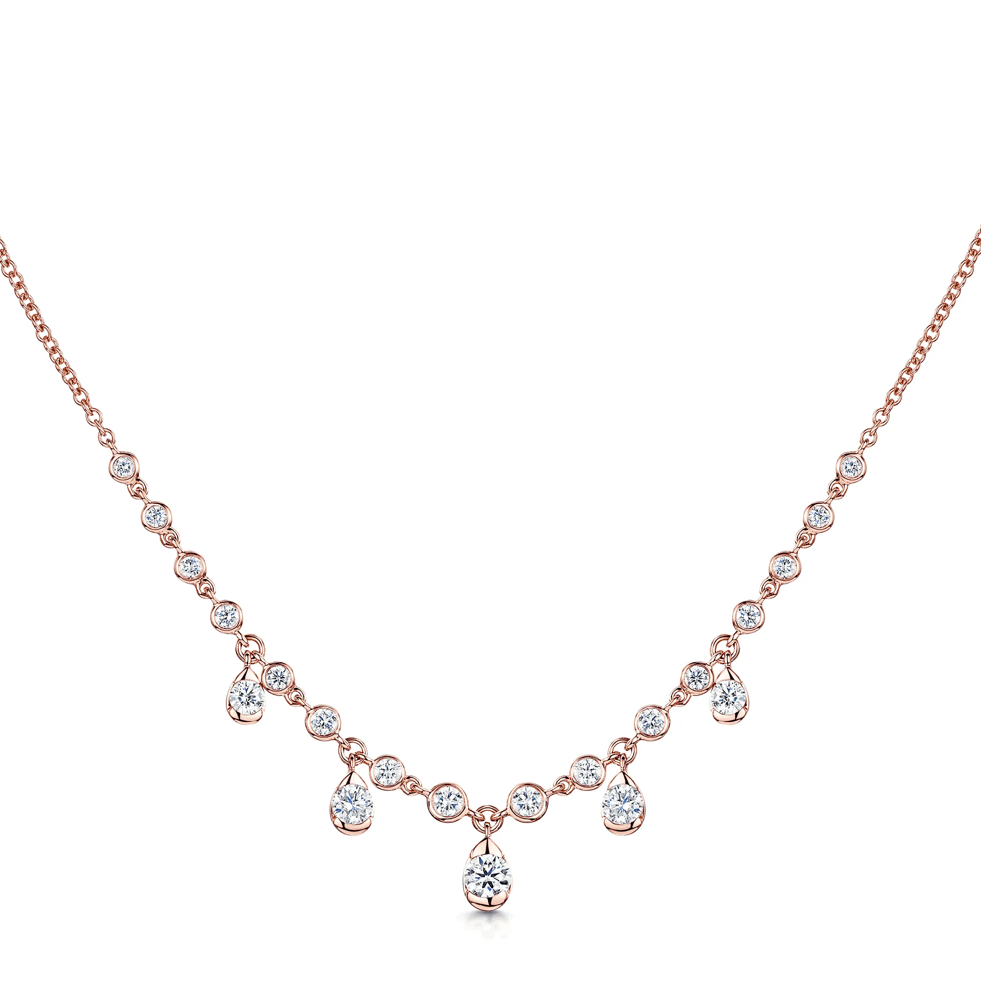 18ct Rose Gold Rub Over Set Diamond Necklet With Five Diamond Drops