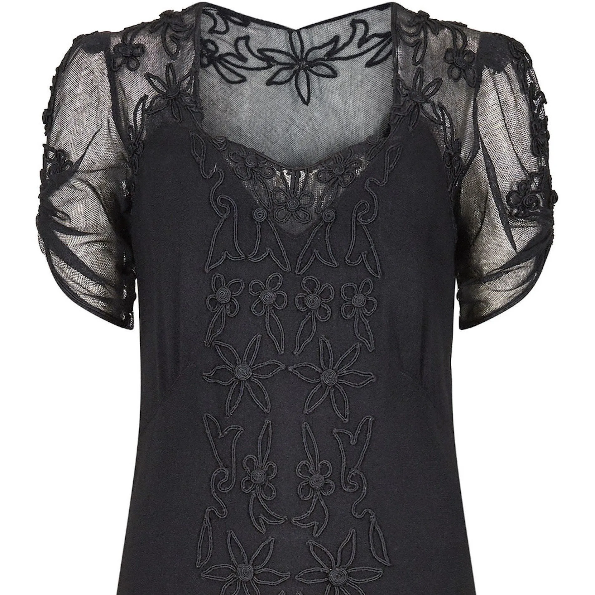 1930s Black Silk Crepe Dress With Floral Appliqué Embellishment