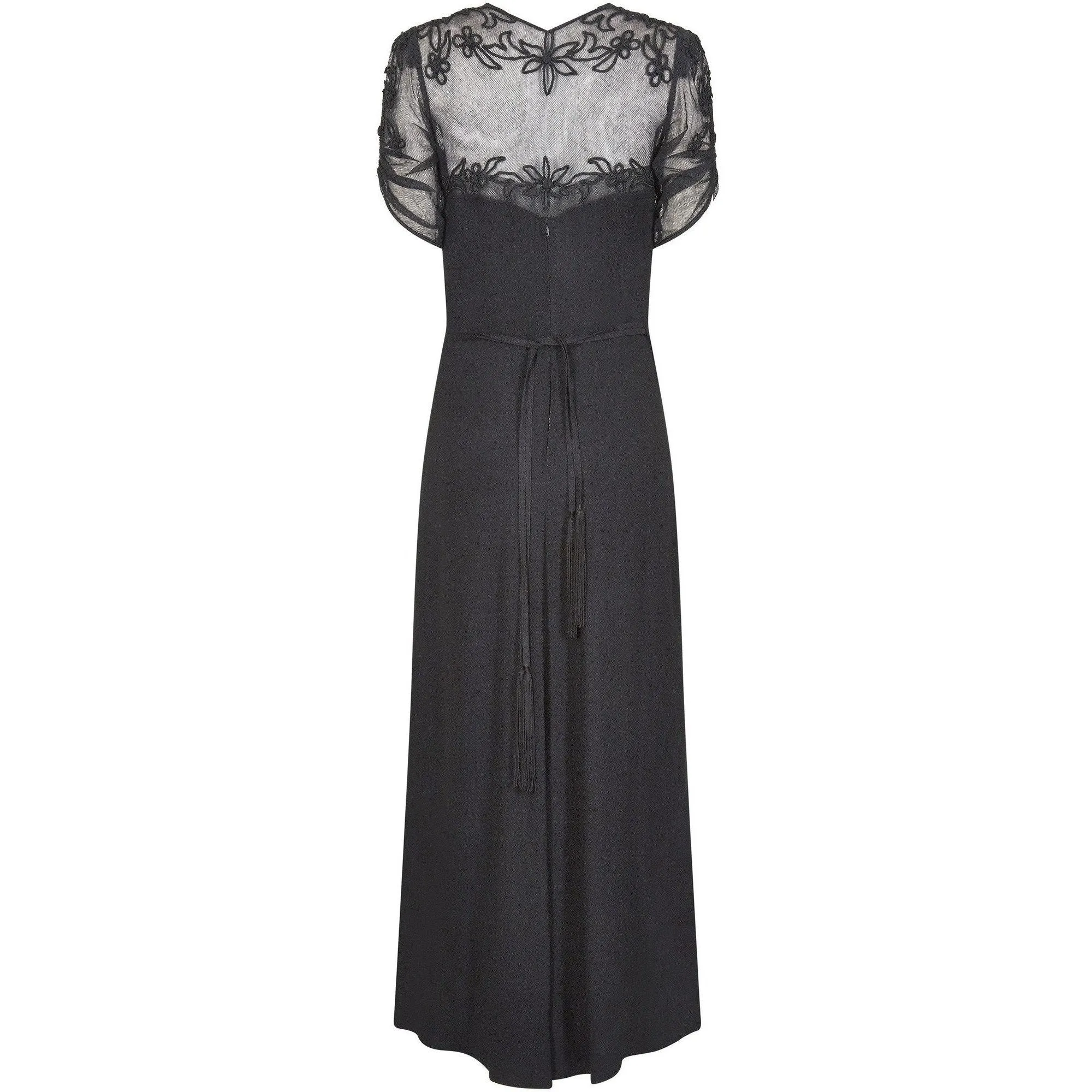 1930s Black Silk Crepe Dress With Floral Appliqué Embellishment