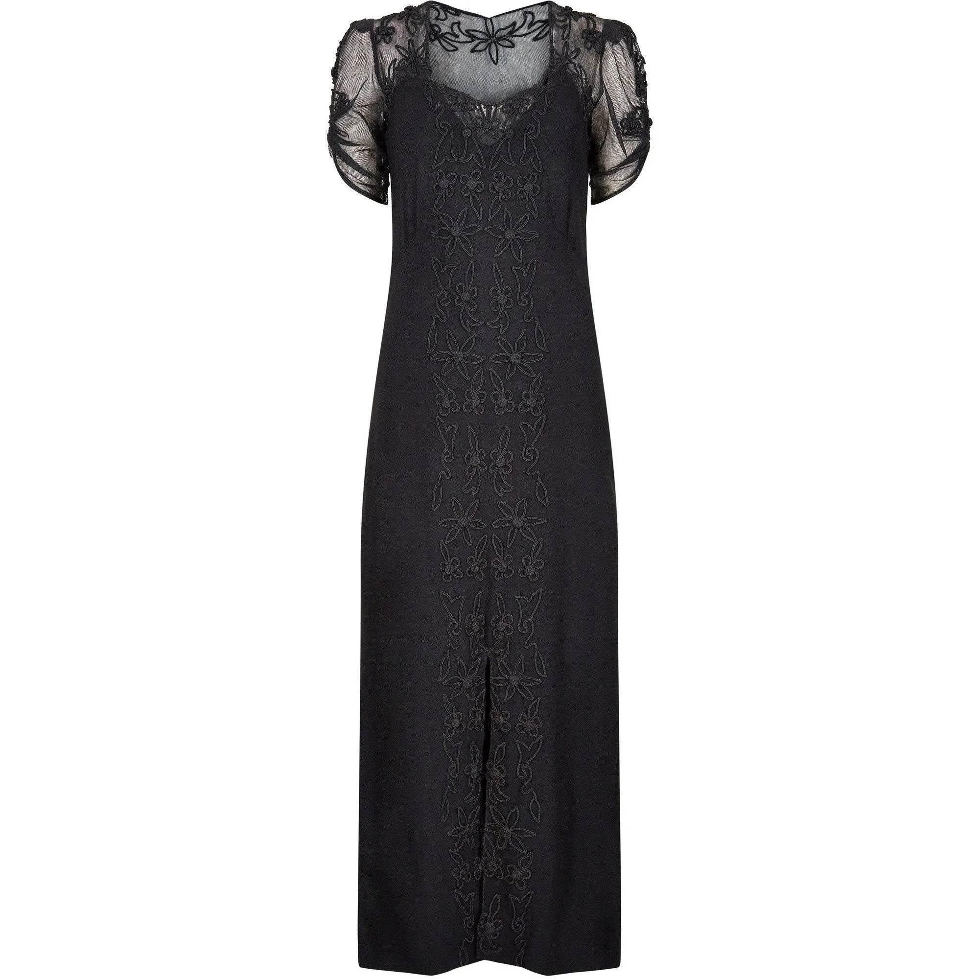 1930s Black Silk Crepe Dress With Floral Appliqué Embellishment