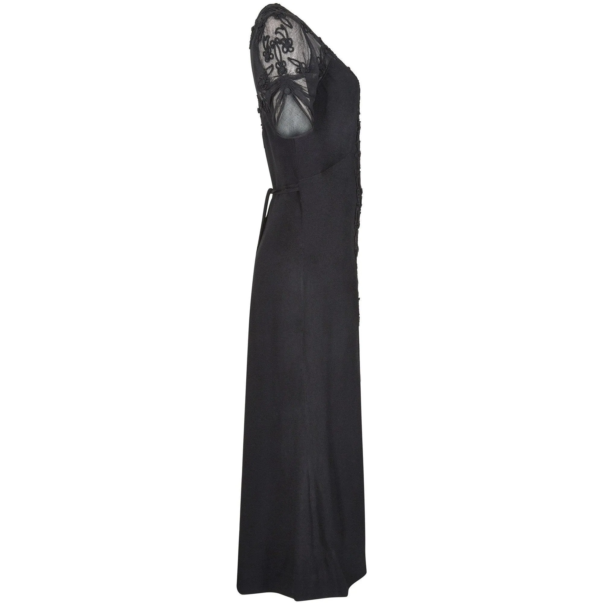 1930s Black Silk Crepe Dress With Floral Appliqué Embellishment