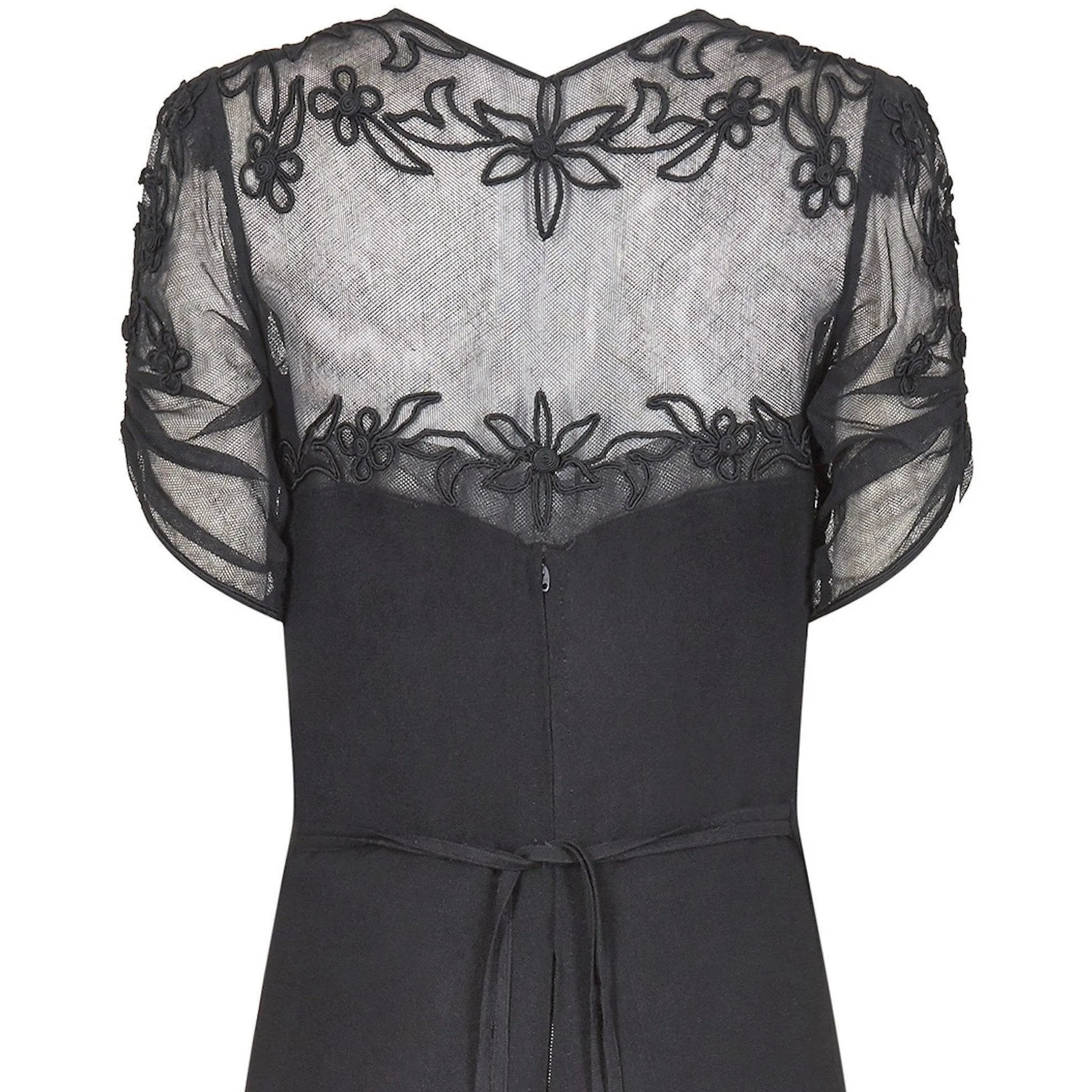 1930s Black Silk Crepe Dress With Floral Appliqué Embellishment