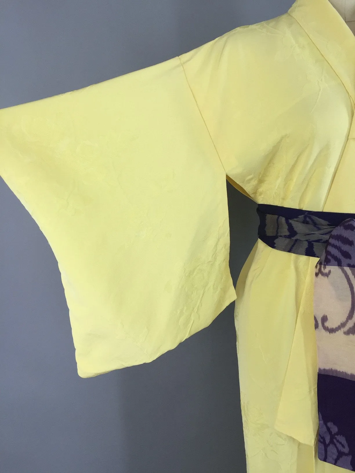 1950s Vintage Silk Kimono Robe with Yellow Floral Pattern