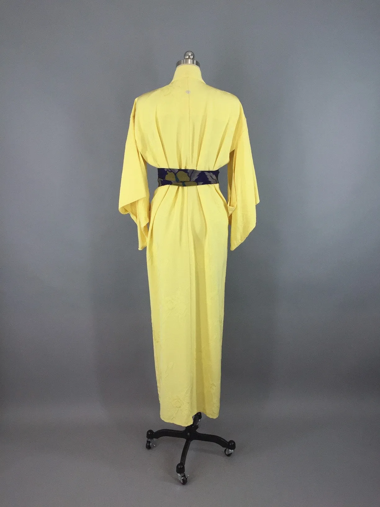 1950s Vintage Silk Kimono Robe with Yellow Floral Pattern