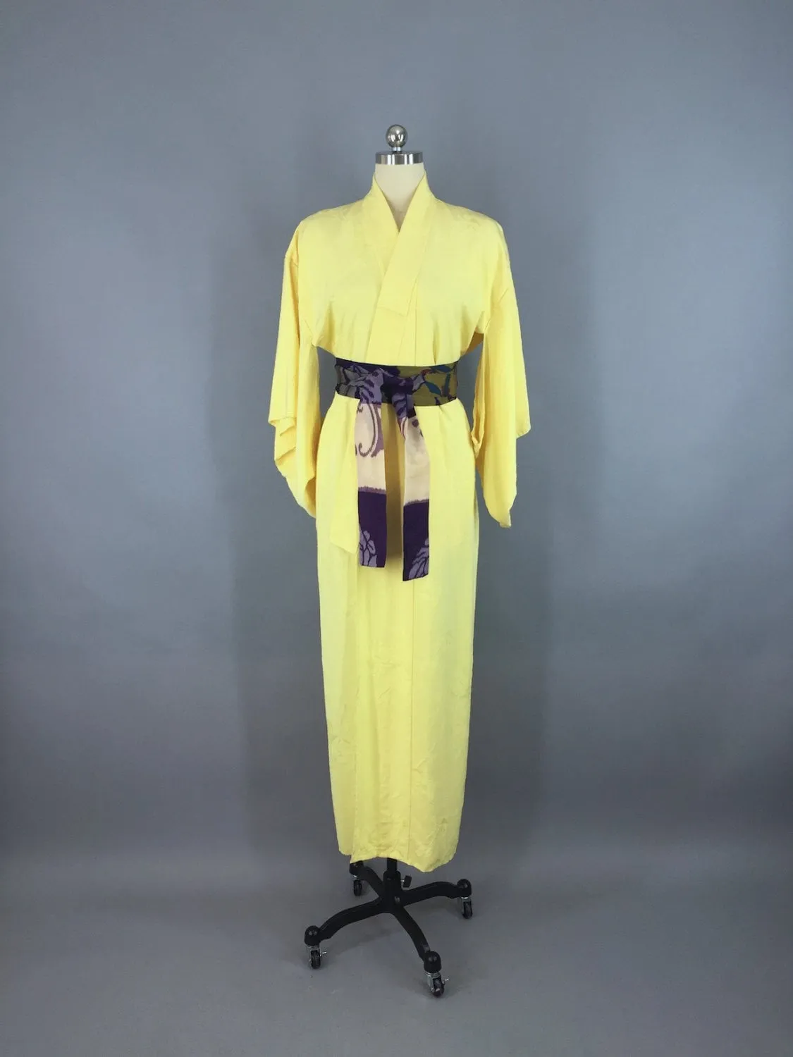 1950s Vintage Silk Kimono Robe with Yellow Floral Pattern