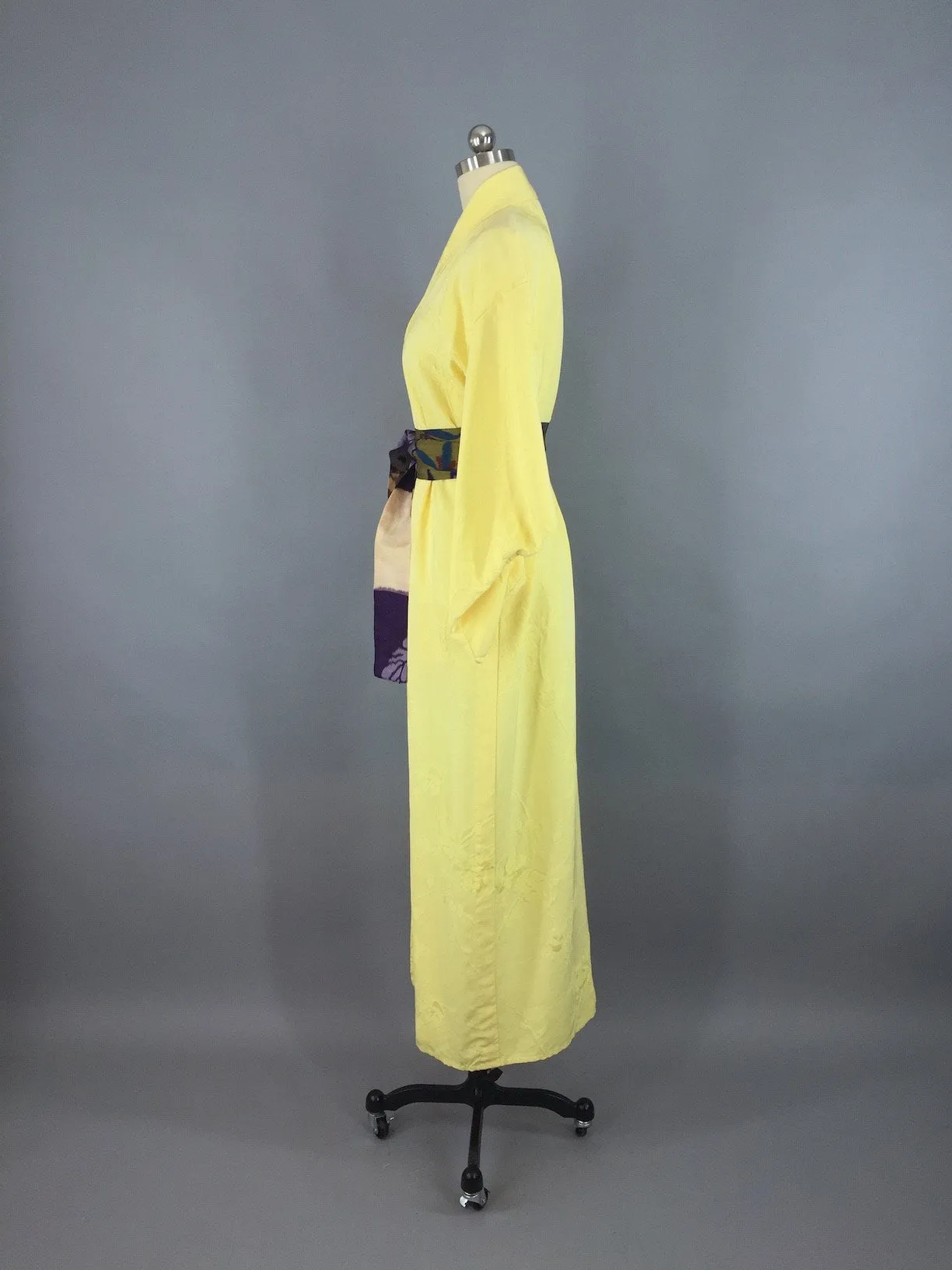 1950s Vintage Silk Kimono Robe with Yellow Floral Pattern