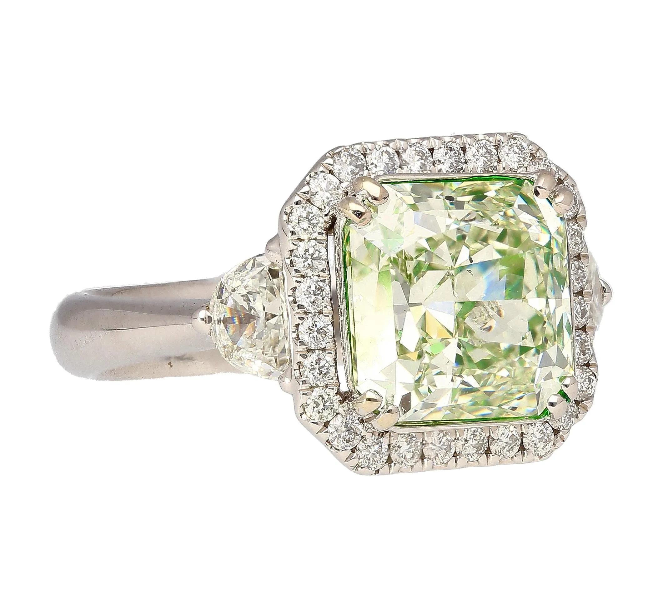 4.26 Carat Radiant Cut Fancy Yellowish Green SI1 Clarity 18K GIA Diamond Ring