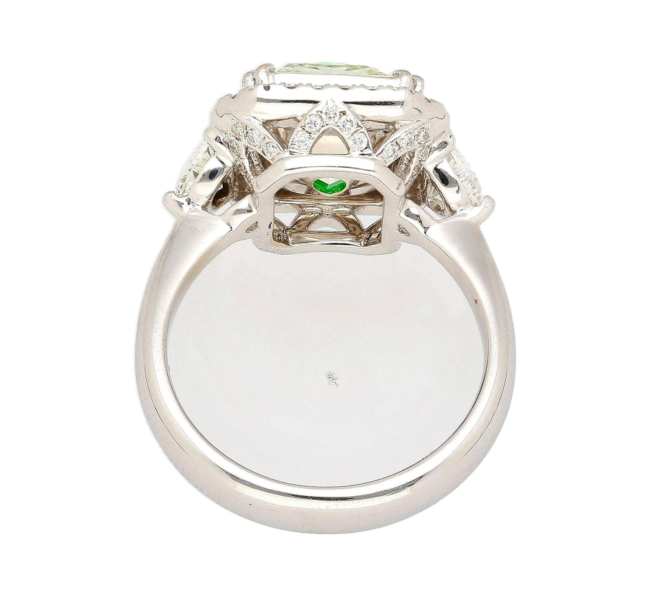 4.26 Carat Radiant Cut Fancy Yellowish Green SI1 Clarity 18K GIA Diamond Ring
