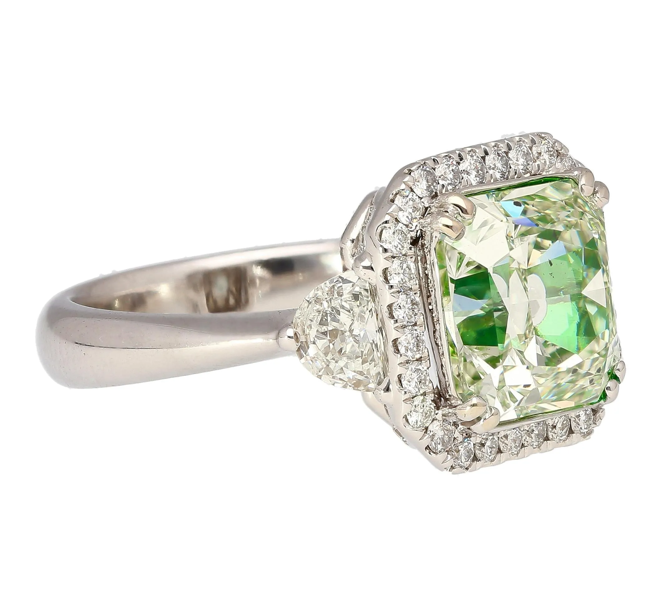 4.26 Carat Radiant Cut Fancy Yellowish Green SI1 Clarity 18K GIA Diamond Ring