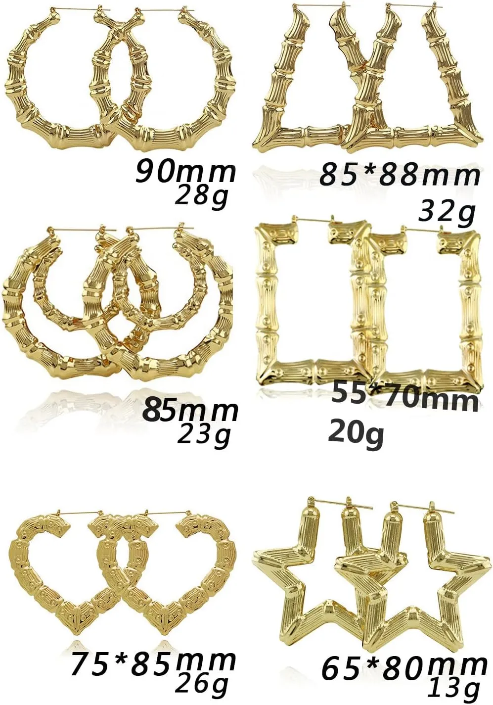 6 Pairs Large Bamboo Shaped Hoop Earrings Set Gold Tone Statement Hip-Hop Earrings for Women Jewelry
