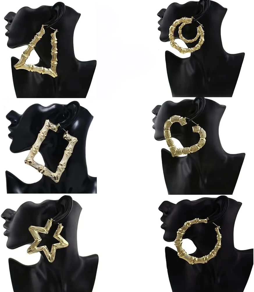 6 Pairs Large Bamboo Shaped Hoop Earrings Set Gold Tone Statement Hip-Hop Earrings for Women Jewelry