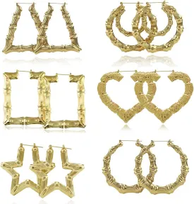 6 Pairs Large Bamboo Shaped Hoop Earrings Set Gold Tone Statement Hip-Hop Earrings for Women Jewelry