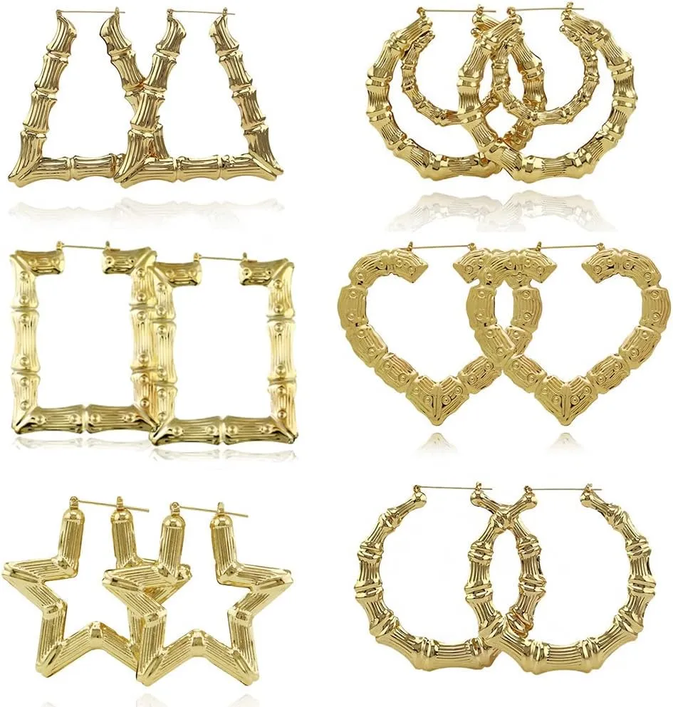 6 Pairs Large Bamboo Shaped Hoop Earrings Set Gold Tone Statement Hip-Hop Earrings for Women Jewelry