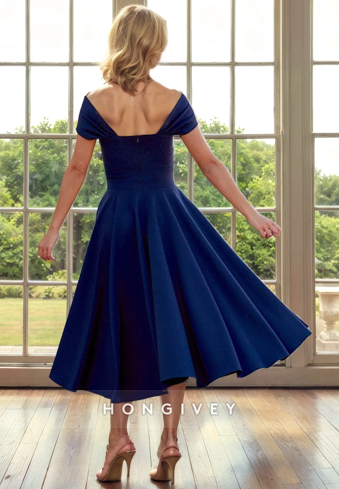 A-Line Off-Shoulder Sleeveless Ruched Tea-Length Cocktail Evening Dress