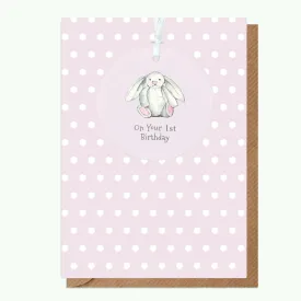 A6 Greeting Card with Ceramic Keepsake - Baby 1st Birthday Girl Bunny