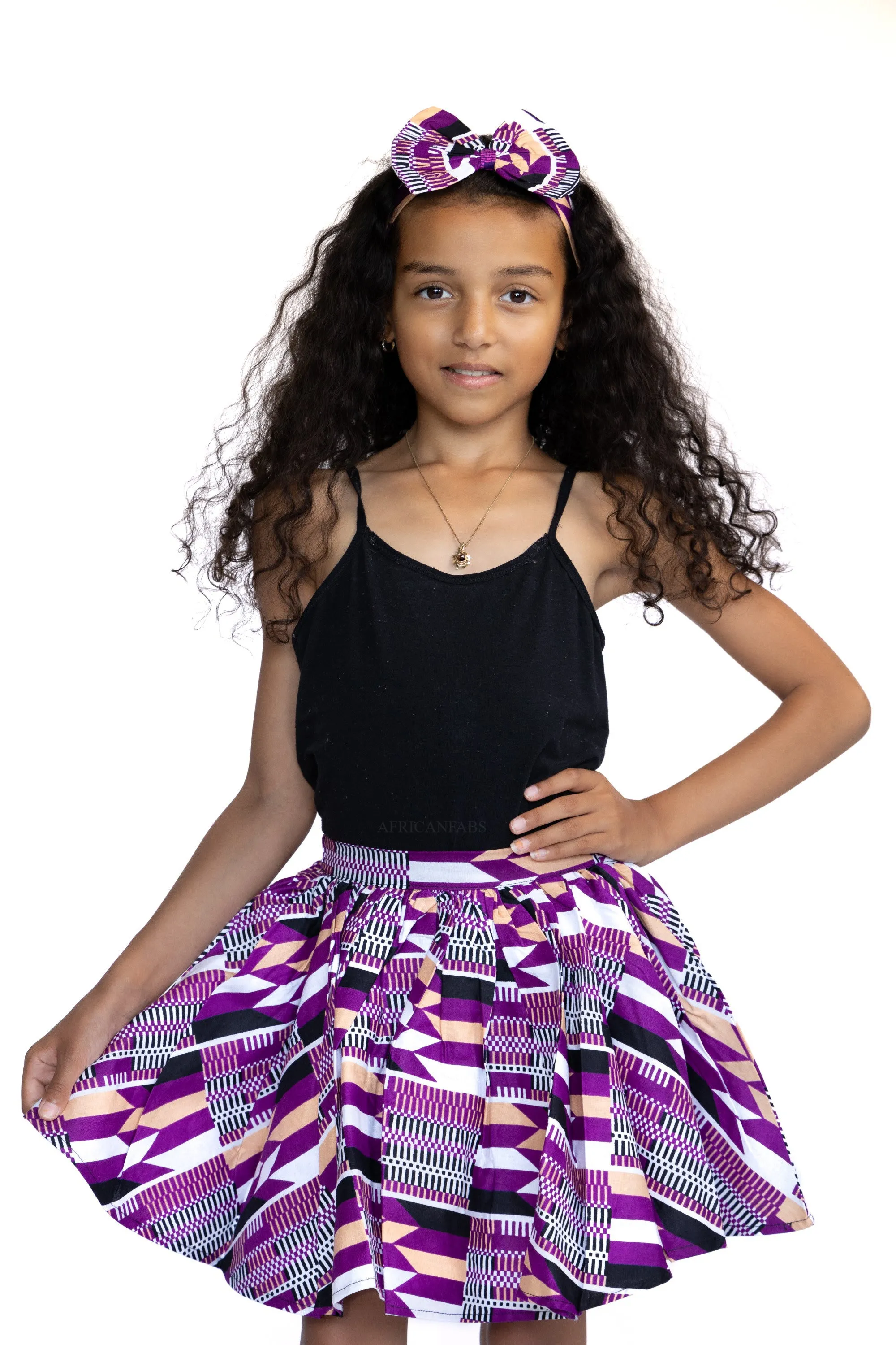 African print Kids Skirt   Headtie with Bow set - Purple kente ( 1 - 10 years )