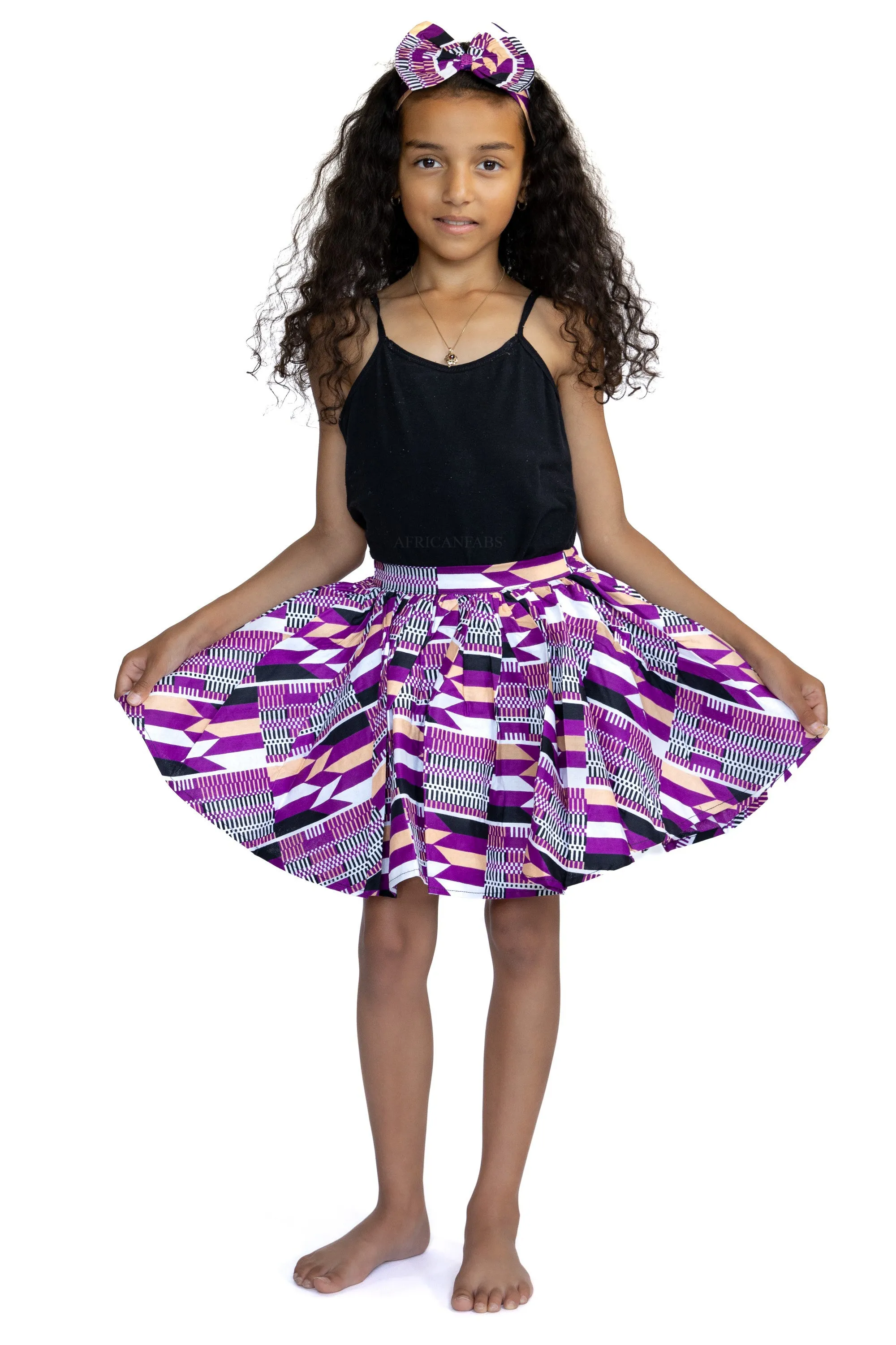 African print Kids Skirt   Headtie with Bow set - Purple kente ( 1 - 10 years )