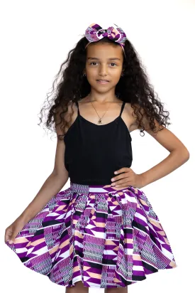African print Kids Skirt   Headtie with Bow set - Purple kente ( 1 - 10 years )