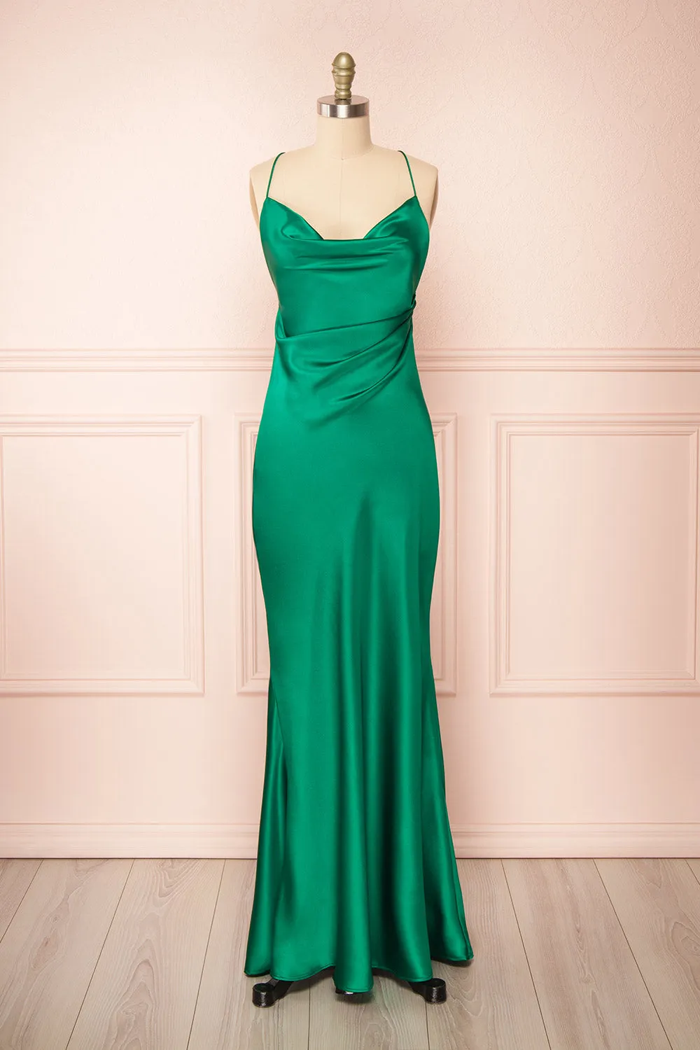 Areane Green | Cowl Neck Satin Maxi Dress w/ Chain