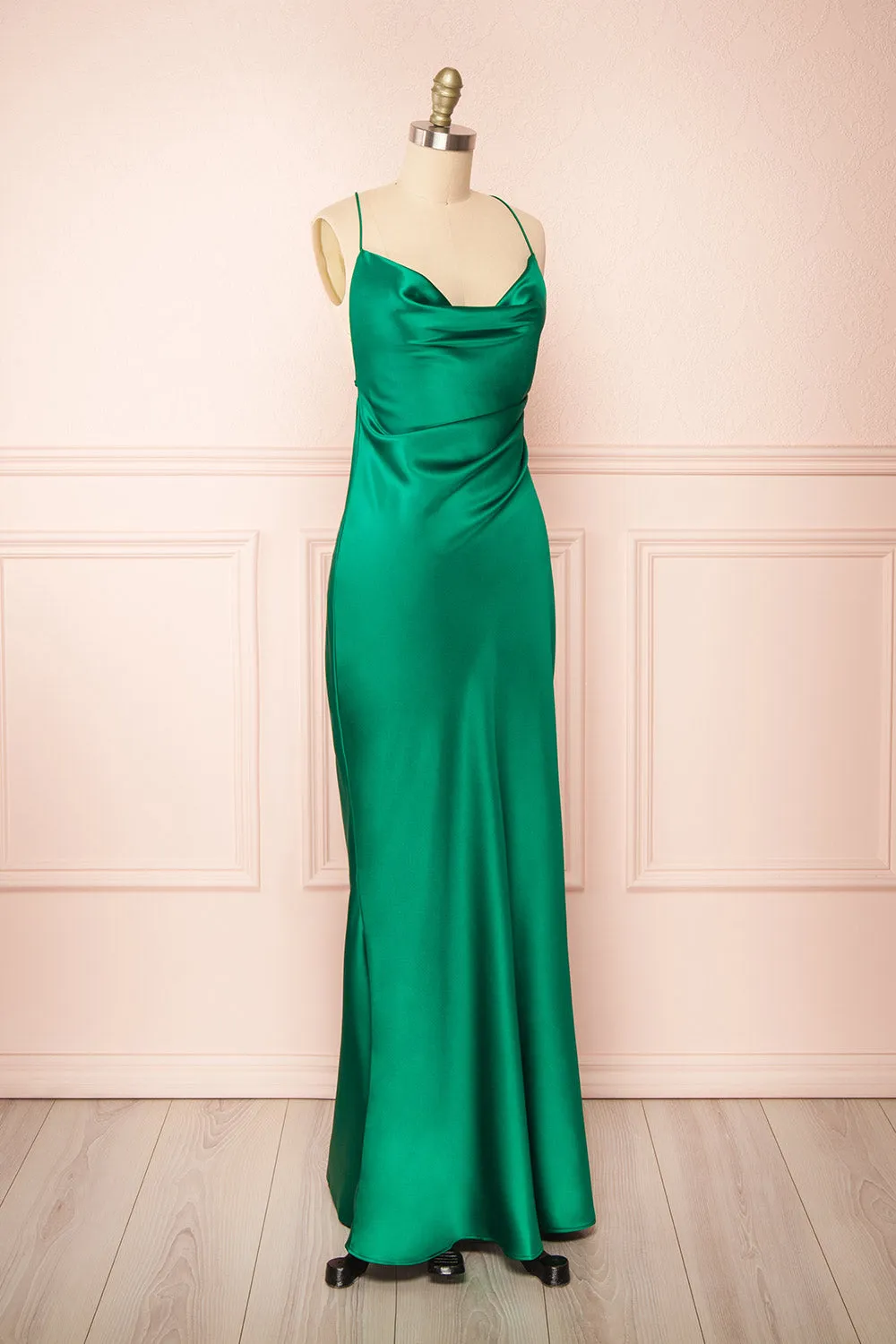 Areane Green | Cowl Neck Satin Maxi Dress w/ Chain