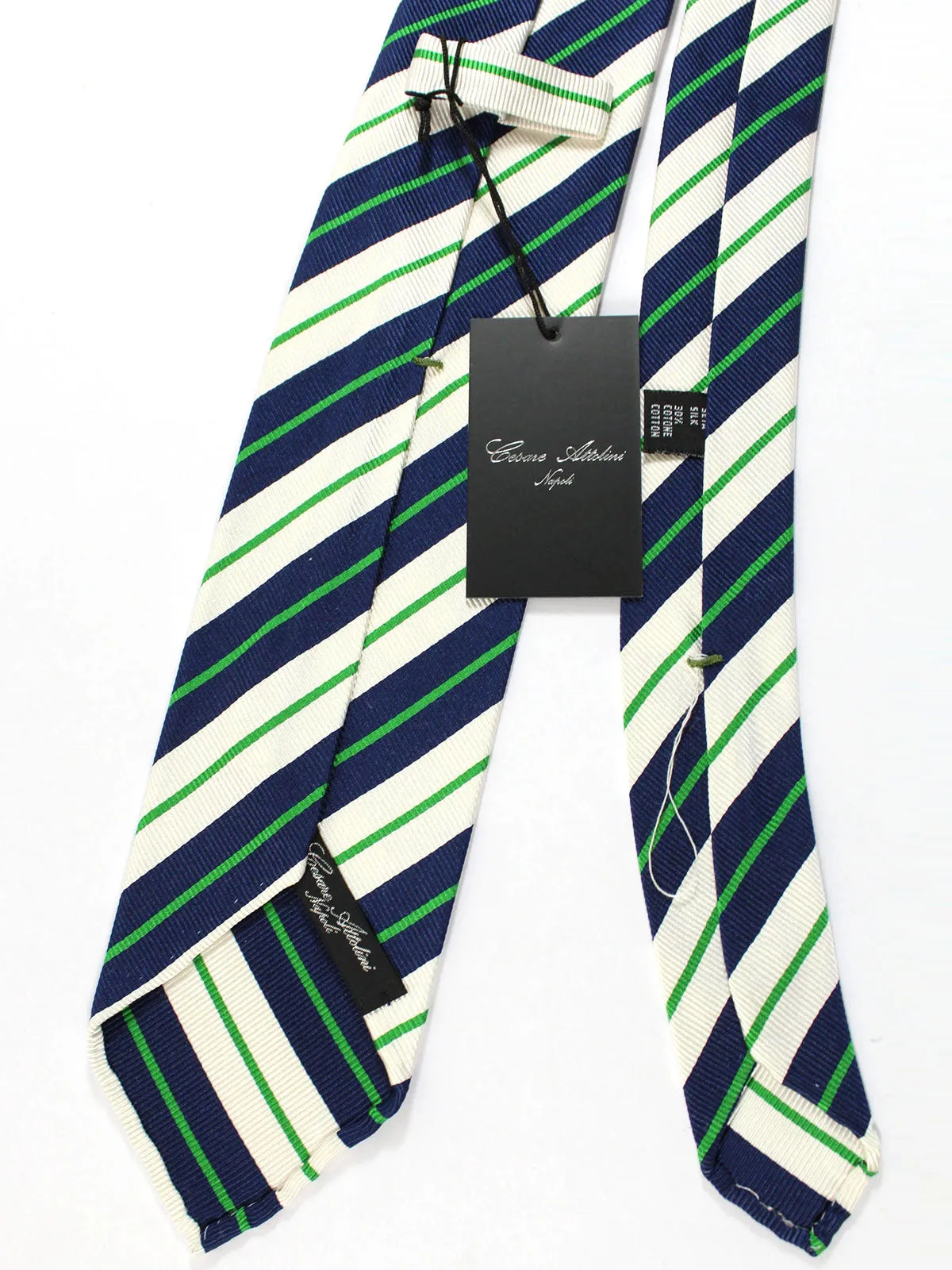 Attolini Silk Tie White Navy Green Stripes - Unlined SALE