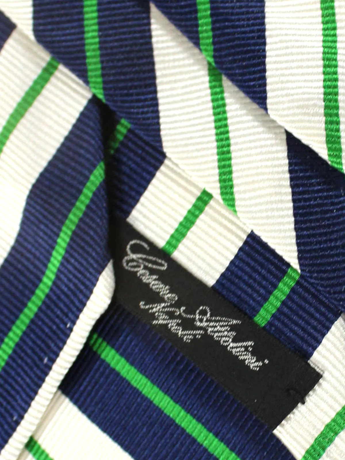 Attolini Silk Tie White Navy Green Stripes - Unlined SALE