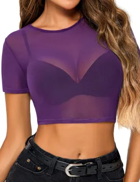 Avidlove Mesh Crop Top for Women Short Sleeve Bodycon Tees Y2k See Through Blouse O Neck Clubwear