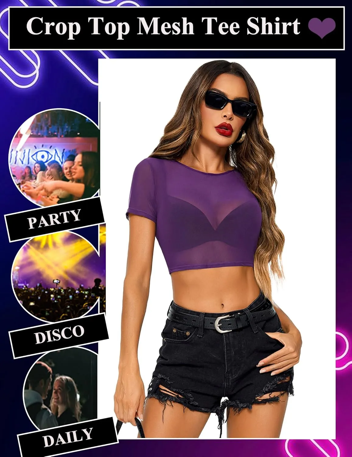 Avidlove Mesh Crop Top for Women Short Sleeve Bodycon Tees Y2k See Through Blouse O Neck Clubwear