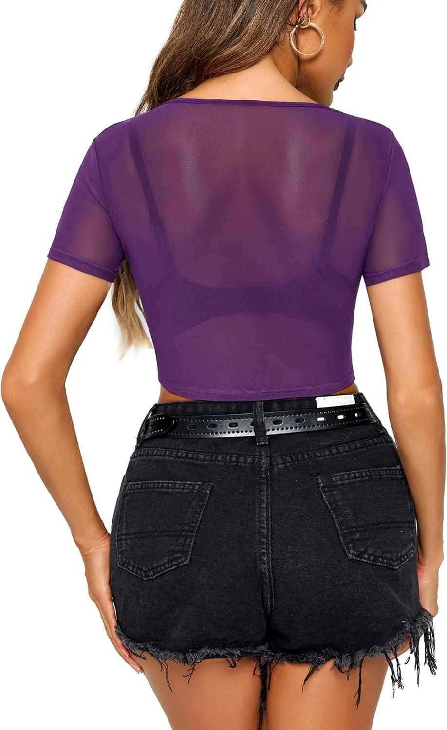 Avidlove Mesh Crop Top for Women Short Sleeve Bodycon Tees Y2k See Through Blouse O Neck Clubwear