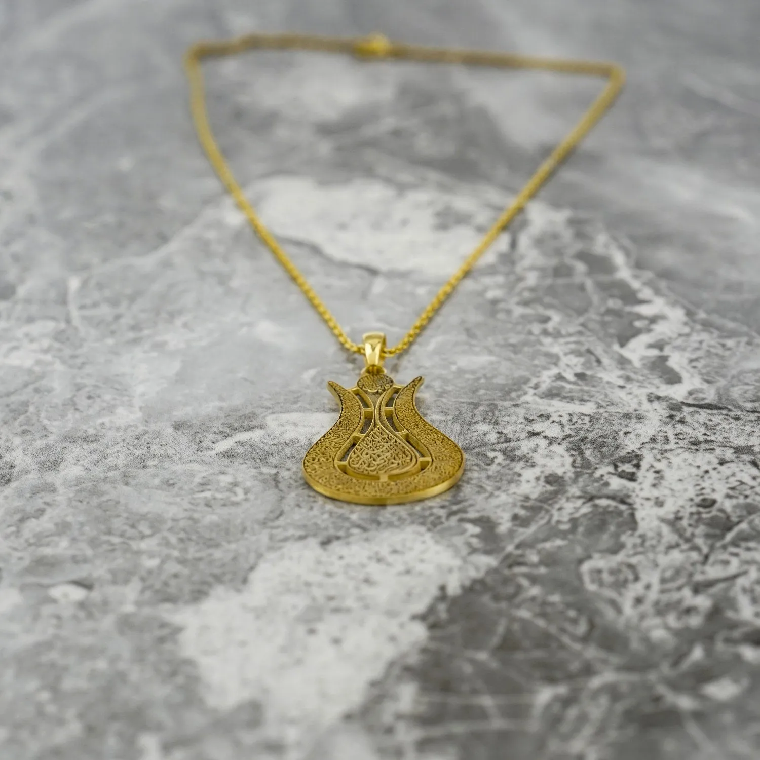 Ayatul Kursi Tulip Desing Muslim Jewelry - 18K Gold Plated Silver Pendant