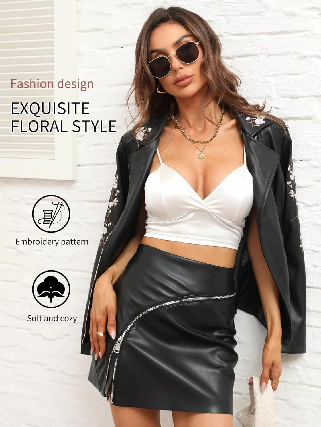 Bellivera Women Faux Leather Jacket Studded Rivet Floral Moto Biker Coat