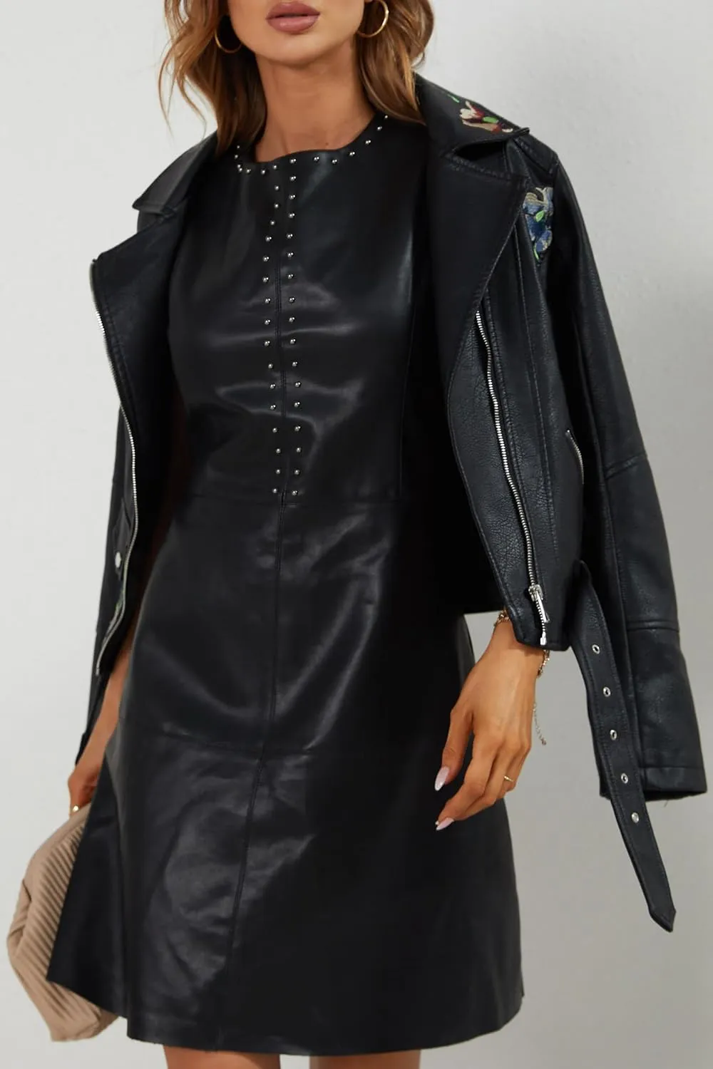 Bellivera Women Faux Leather Jacket Studded Rivet Floral Moto Biker Coat