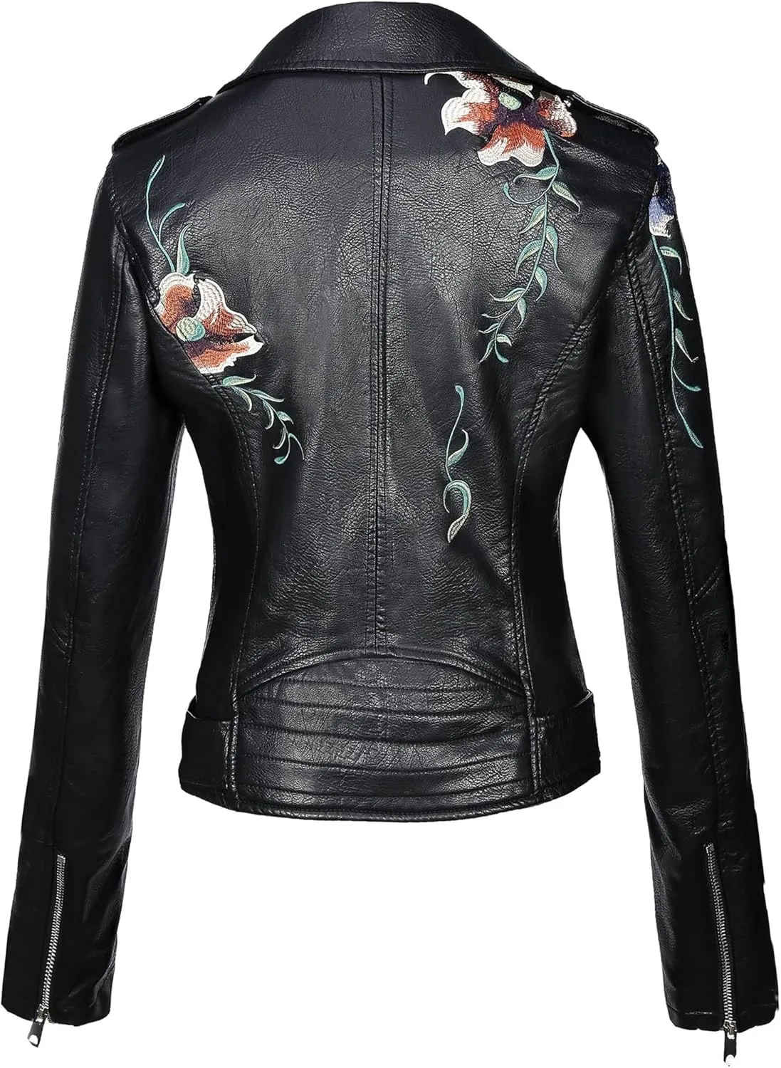 Bellivera Women Faux Leather Jacket Studded Rivet Floral Moto Biker Coat