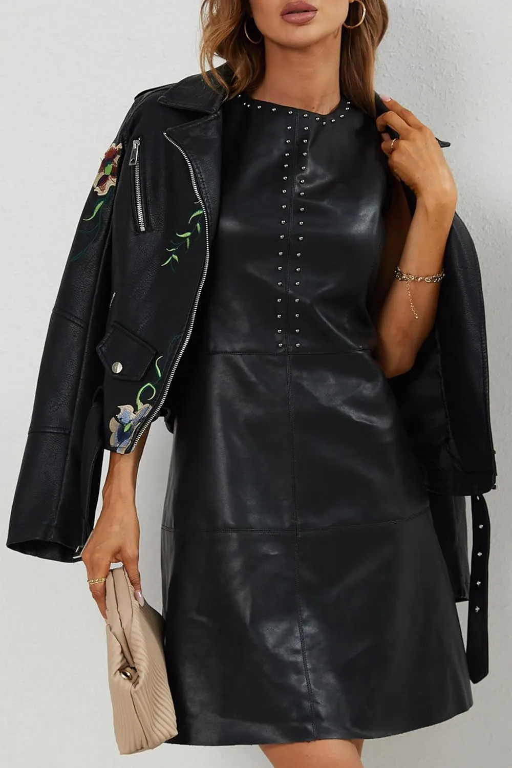 Bellivera Women Faux Leather Jacket Studded Rivet Floral Moto Biker Coat
