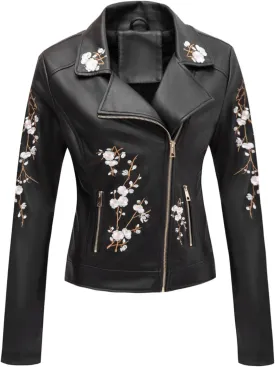Bellivera Women Faux Leather Jacket Studded Rivet Floral Moto Biker Coat