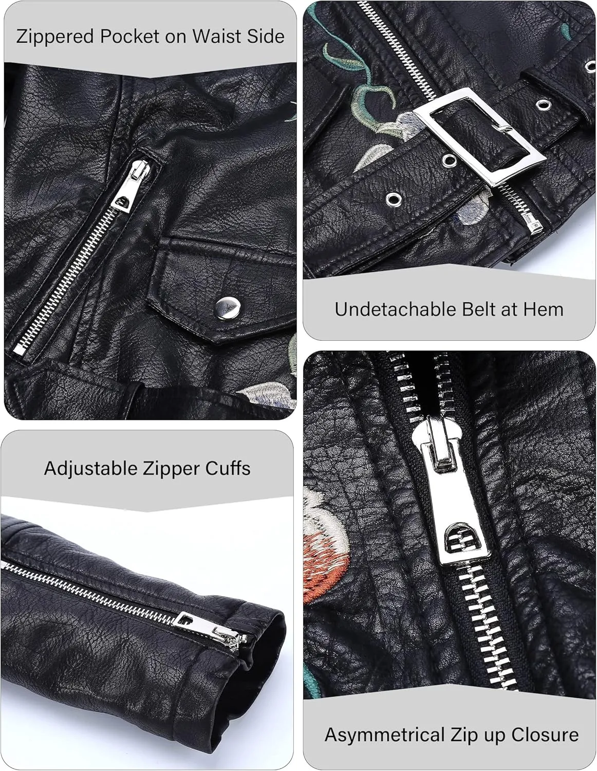 Bellivera Women Faux Leather Jacket Studded Rivet Floral Moto Biker Coat