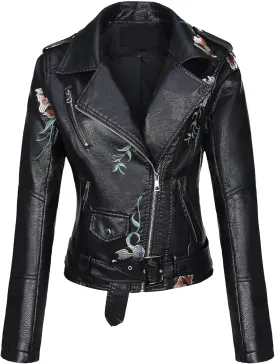 Bellivera Women Faux Leather Jacket Studded Rivet Floral Moto Biker Coat