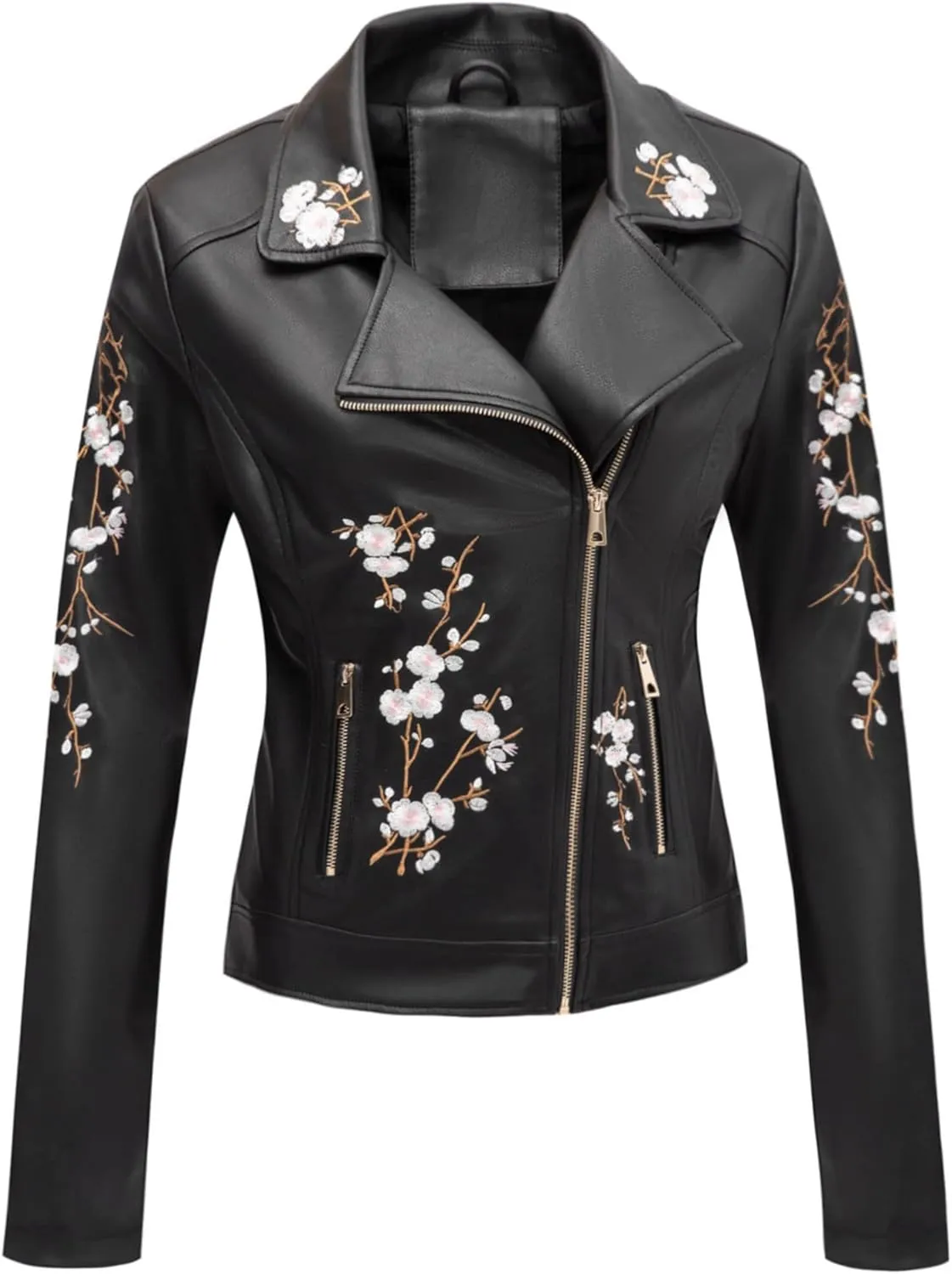 Bellivera Women Faux Leather Jacket Studded Rivet Floral Moto Biker Coat