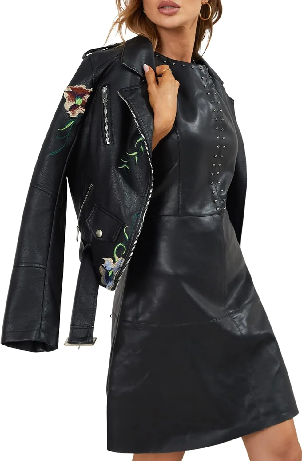 Bellivera Women Faux Leather Jacket Studded Rivet Floral Moto Biker Coat
