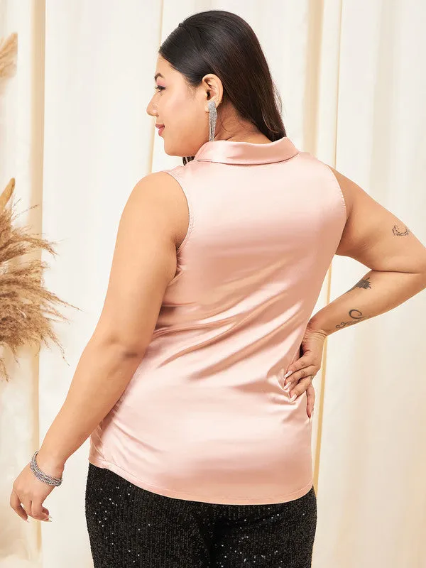 Berrylush Curve Women Solid Pink V-Neck Sleeveless Satin Layered Wrap Regular Top