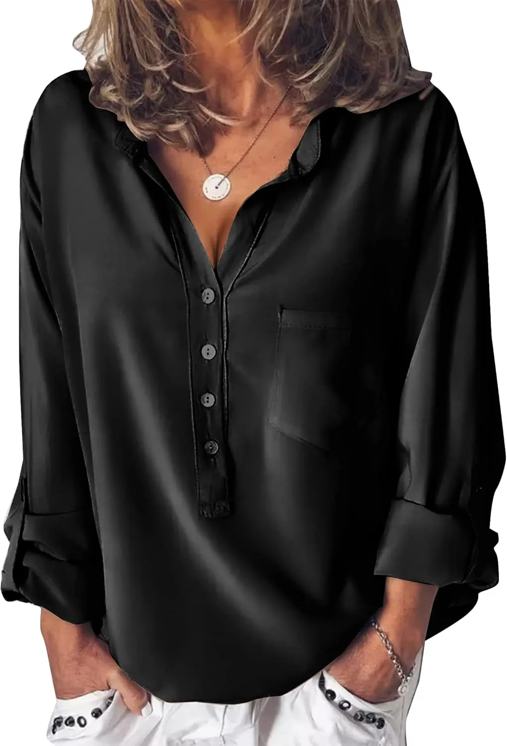Beyove Satin Blouses for Women Button Down Silky Shirts V Neck Roll Up Long Sleeve Casual Loose Office Work Tops