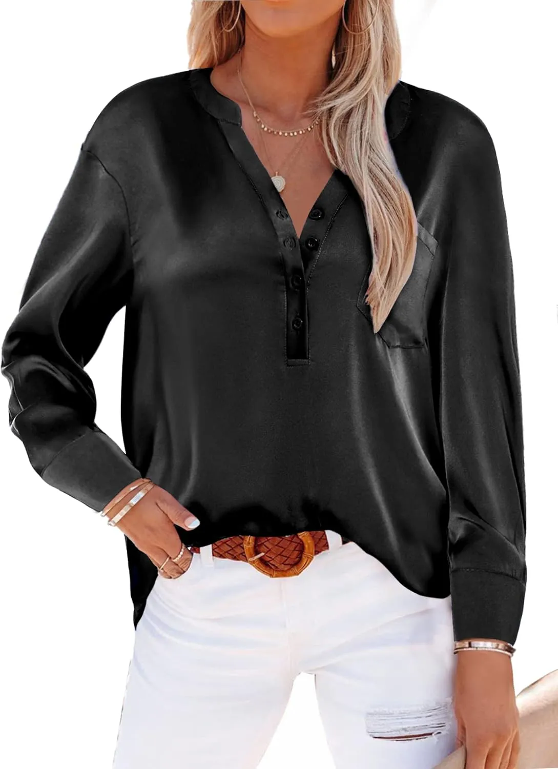 Beyove Satin Blouses for Women Button Down Silky Shirts V Neck Roll Up Long Sleeve Casual Loose Office Work Tops