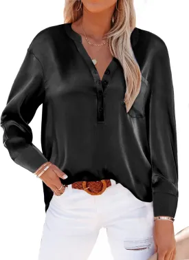 Beyove Satin Blouses for Women Button Down Silky Shirts V Neck Roll Up Long Sleeve Casual Loose Office Work Tops