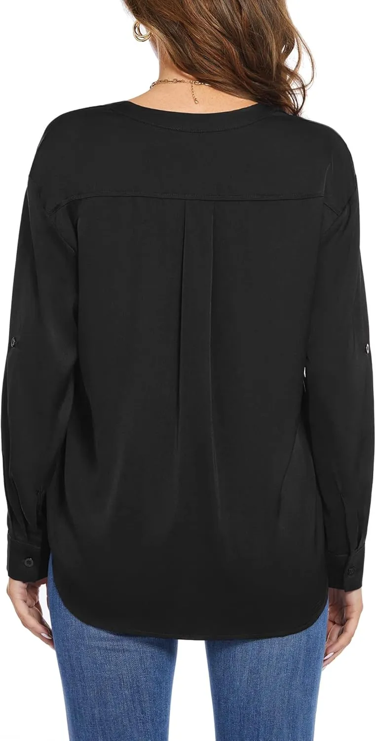 Beyove Satin Blouses for Women Button Down Silky Shirts V Neck Roll Up Long Sleeve Casual Loose Office Work Tops