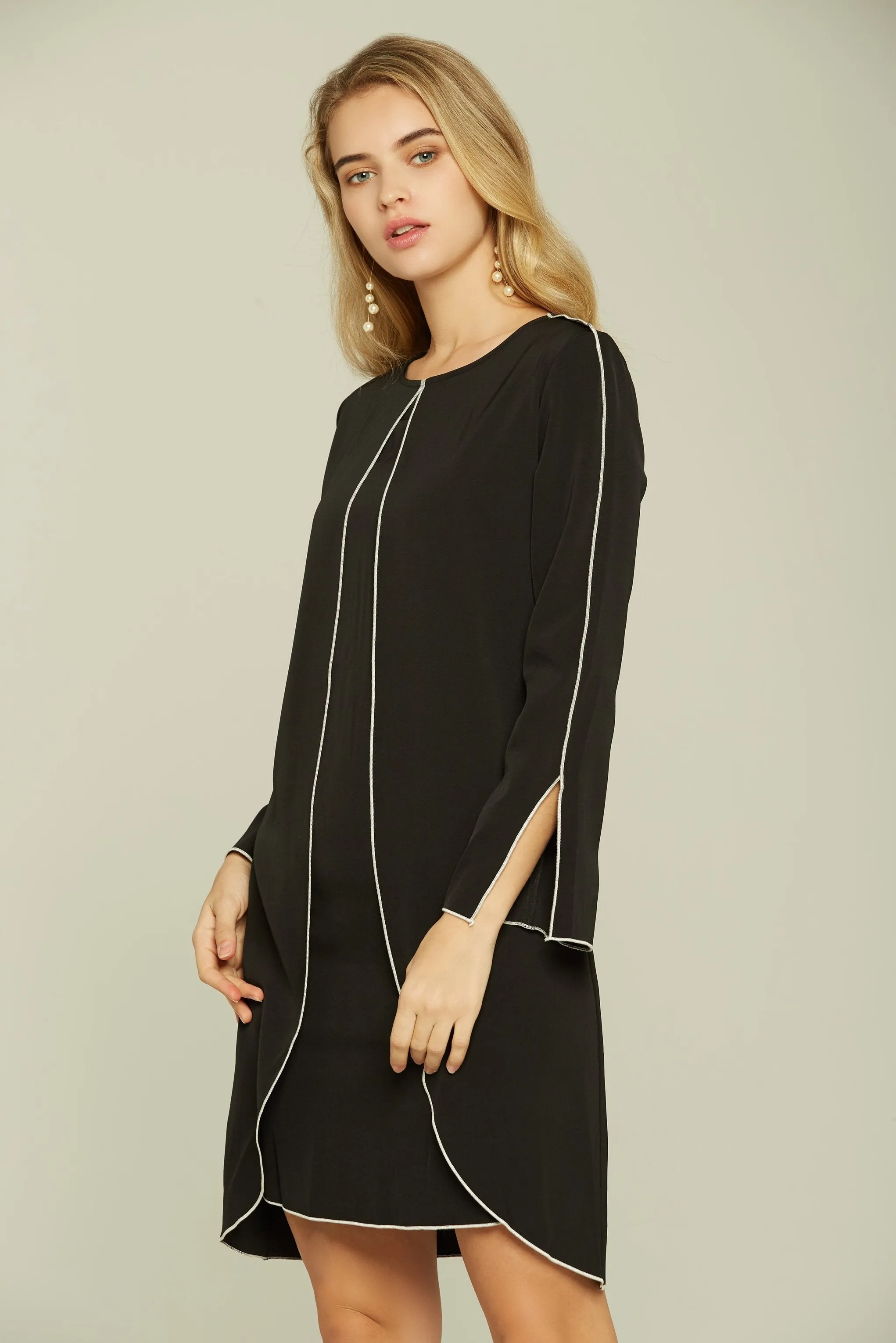 Black and White Full Sleeves Belted Dress