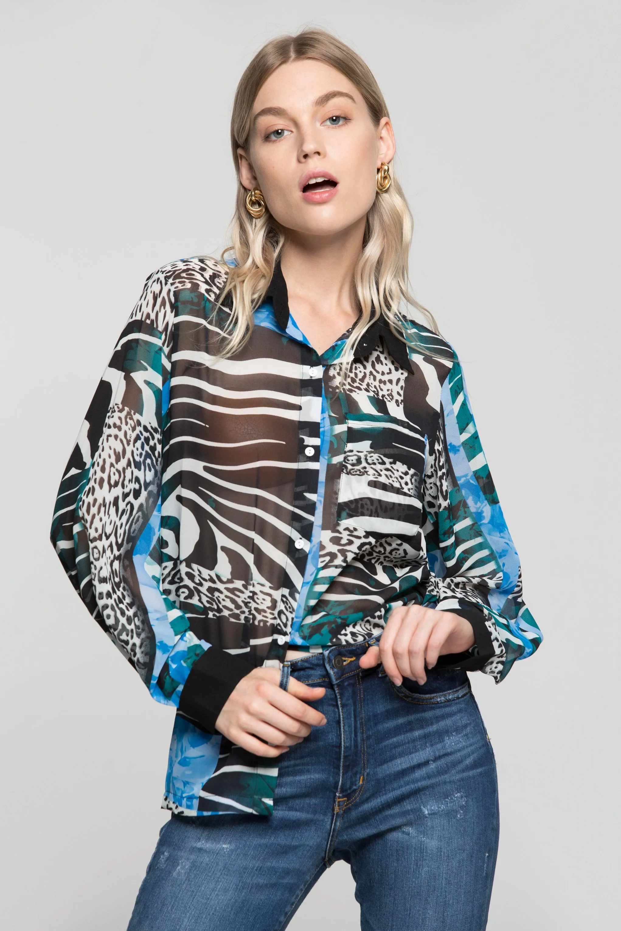 Black White and Blue Mixed Animal Prints Shirt