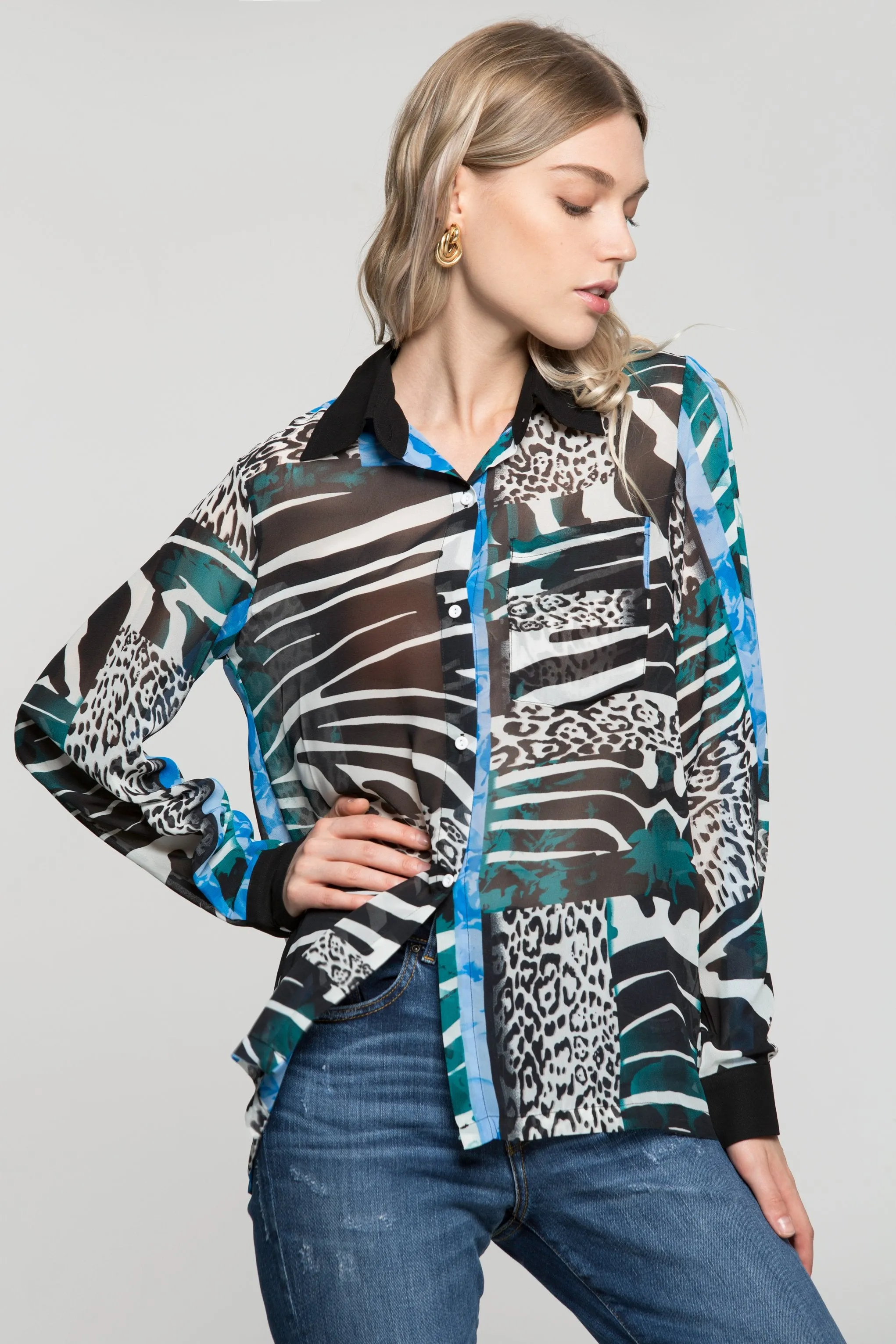 Black White and Blue Mixed Animal Prints Shirt
